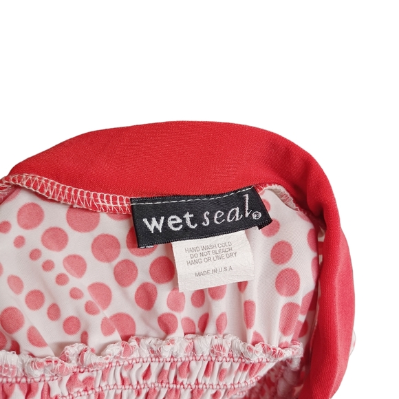 WET SEAL Red Polka Dot Wave Swirl Print White Strapless Smocked Top Small - Picture 3 of 7